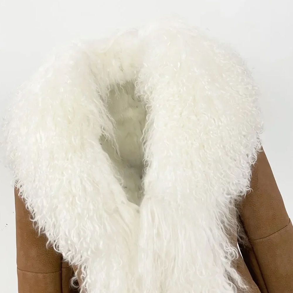 Luxurious Brown & Off White Mongolian Fur Penny Lane Retro 70s Jacket Coat - Picture 4 of 10